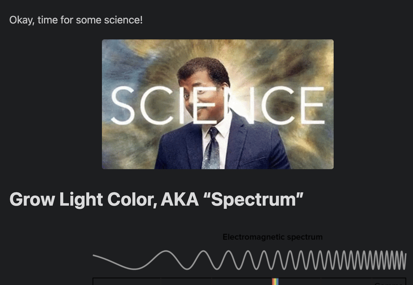 Example: Neil DeGrass Tyson GIF from a recent article on grow lighting.