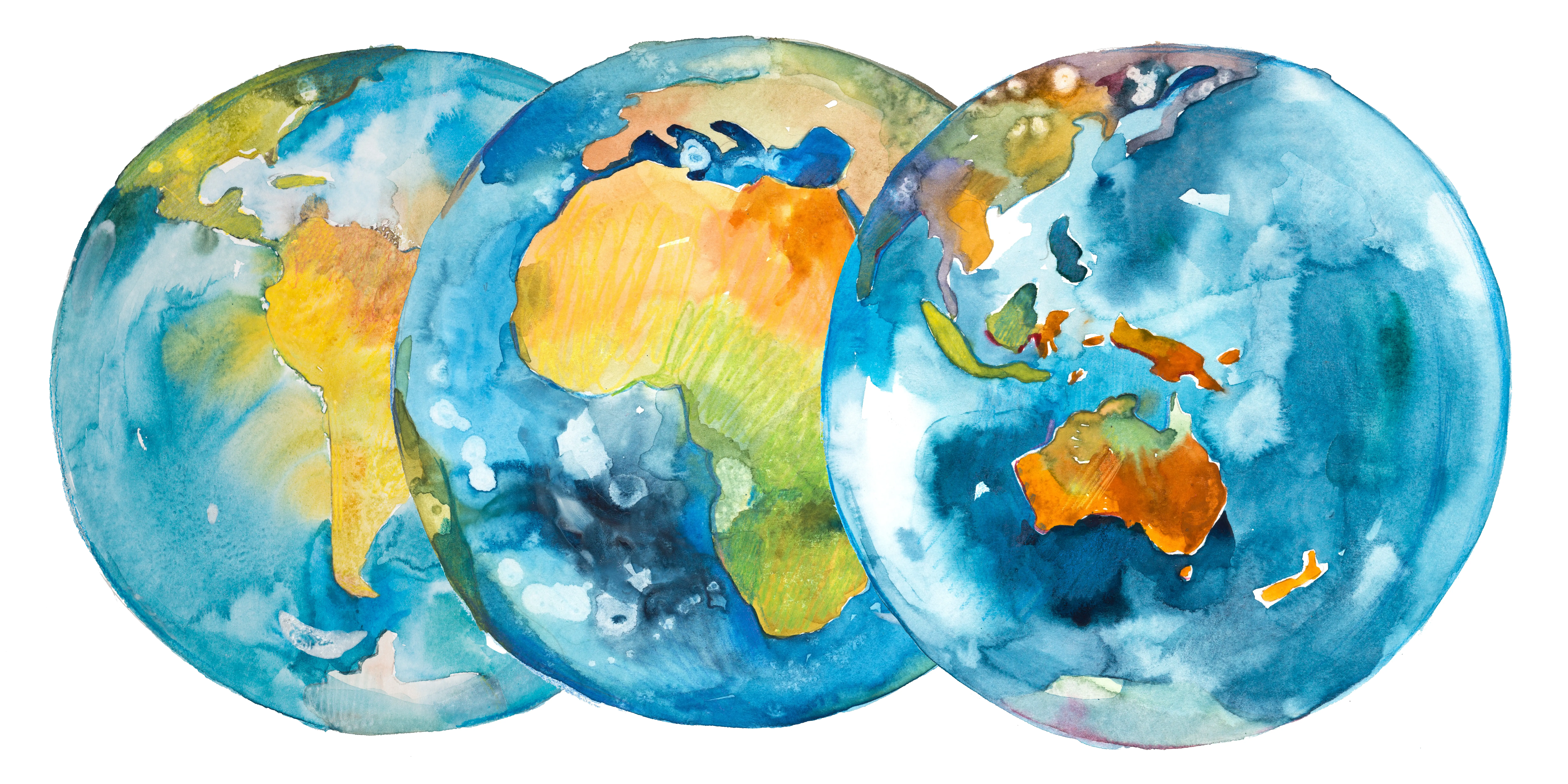 Watercolor image of the globe, looking at Australia and the South Pacific.